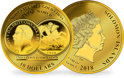 La monnaie 1/100 d'once or pur «Souverain d’Australie 1920», grand diamètre: 45 mm !